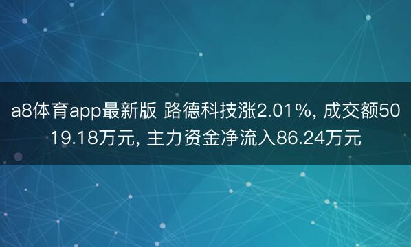 a8体育app最新版 路德科技涨2.01%， 成交额5019.18万元， 主力资金净流入86.24万元
